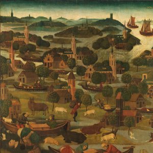 A Inundação do Dia de Santa Isabel
Exterior da ala direita de um retábulo representando a inundação do dia de Santa Elizabeth, 18-19 de Novembro de 1421, com a ruptura do dique em Wieldrecht de Master of the St Elizabeth Panels