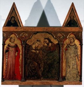 Tríptico: Coroação da Virgem flanqueada por dois santos (tempera no painel) de Master of the Urbino Coronation