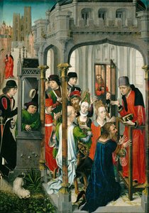 A pregação de São Gery, "o sermão pastoral", com a igreja de São Gudule ao fundo ... de Master of the View of Saint Gudula