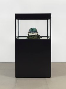 Alpha Omega, 2016 (Vidro, ecrã LCD, leitor multimédia, réplica de crânio, capacete espacial, madeira)