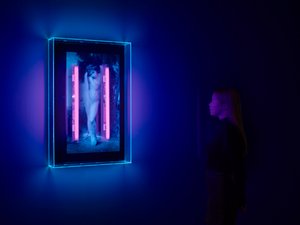 Anjo ultravioleta, 2008 (tinta ultravioleta sobre caixa de plexiglas, 2 luzes de néon ultravioleta) de Mat Collishaw