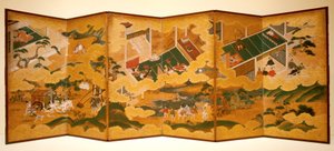 Contos de Genji, c.1650 (tinta, cor e folha de ouro sobre papel, ecrã de seis dobras) de Matabei Iwasa