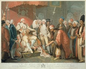 Sua Majestade e Oficiais de Estado Receber o Embaixador da Turquia e Terno, gravado por Daniel Orme (1767-p. 1832), pub. por Edward Orme, 1797 (stipple engraving) de Mather Brown