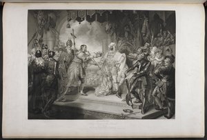 Rei Ricardo II. Ato IV. Cena I. Rei Ricardo, Bolingbroke, York, Aumerle, etc. Na Casa do Parlamento, c.1803 (gravura) de Mather Brown