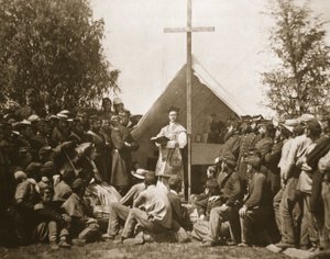 Padre Thomas H. Mooney lidera a missa de domingo, 69º Regimento de Infantaria de Nova York, 1861 (fotogravura)