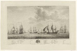 Frota de guerra holandesa ao largo de Rammekens, 1782-1783 Vista dos navios de guerra nacionais, sob o comando do contra-almirante, van Kruyne, na enseada de Rammekens, em den Jaare 1782 e 1783 (título no objeto)