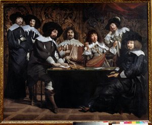 Encontros de amadores ou academia Reunião de artistas e intelectuais. Pintura de Mathieu Le Nain (Lenaína) (1607-1677) Sol do século XVII. 1,16x1,46 m Paris musee du Louvre