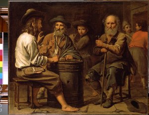 Camponeses numa Taberna. Três homens à mesa a beber vinho e a comer queijo servido por um jovem rapaz num barril. Pintura de Mathieu Le Nain (1607-1677), ca. 1640, óleo sobre tela. Museu Hermitage, São Petersburgo
