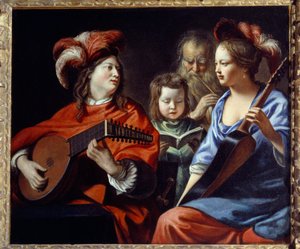 O concerto Um grupo de músicos de música barroca. Pintura de Mathieu Le Nain (Lenain) (1607-1677) Laon do século XVII, Musee des Beaux Arts