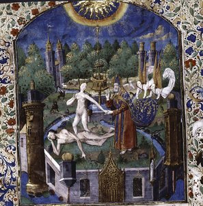 A criação de Eva a partir do corpo de Adão adormecido. De De cleres et nobres femmes por Giovanni Boccaccio, 1450-1475
