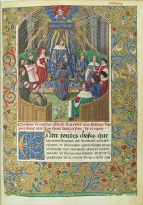 Anabasis de Xenofonte traduzido por Claude de Seyssel: cena da dedicatória, o manuscrito é uma oferta do tradutor a Luís XII. de Maitre de Philippe de Gueldre