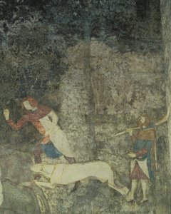 Homens caçando com cães, detalhe do esquema decorativo de La Chambre du Cerf Stag Room 1347 afresco