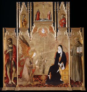Anunciação com os Santos João Batista, Bernardino de Siena; Crucificação, Santos Pedro e Paulo