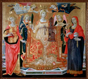 Santa Bárbara no trono, Santa Maria Madalena, Santa Catarina de Alexandria - óleo sobre painel