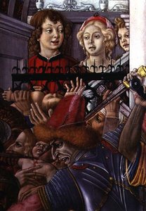 O Massacre dos Inocentes, detalhe de dois espectadores a observar a carnificina do palácio