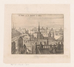 Cara em Paris Le Palais et le louvre a Paris (título no objeto) Sete paisagens francesas e paisagens urbanas (título da série) de Matthäus Merian (I)