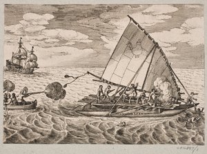 Navio de captura holandês com pessoas selvagens e crianças