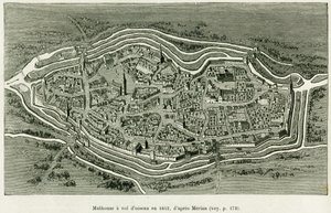 Mulhouse voa em 1642. Gravura de Matthaus Merian (1593-1650) para ilustrar a história A Through Alsace and Lorraine, de Charles Grad, deputado alemão, em 1885, no tour du monde 1886, dirigido por Edouard Charton (1807-1890), Hachette, Paris. de Matthaus the Elder (after) Merian