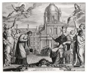 Robert de Sorbon (1201-94) e Cardeal Richelieu (1575-1642) em frente à Sorbonne, gravado por Gregoire Huret (1606-70) 1639