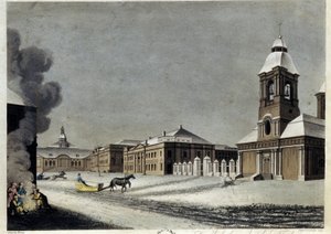 O Arsenal e a Fundição do Canhão em Petersburgo. (O Arsenal e a Fundição do Canhão em Petersburgo). Descrição do edifício em pleno Inverno, com trenós a deslizar sobre a neve e um grupo de pessoas a aquecerem-se à volta de uma fogueira. Trabalho por de Matthew Dubourg
