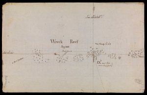 Carta grosseiramente esboçada do "Recife dos Naufrágios", 1803, de uma coleção de memorandos técnicos e correspondência do Almirantado