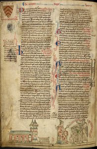 Real 14C VII, f.138v Abadia de Westminster e Santuário de São Eduardo; à direita, Papa Inocêncio IV no Concílio de Lião, ilustração de 
