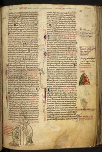 Royal 14 C. VII f.122r Roger Nigel, bispo de Londres, consagrando Edmundo de Abington como arcebispo de Cantuária, inscrito com os seus nomes acima, ilustração de 