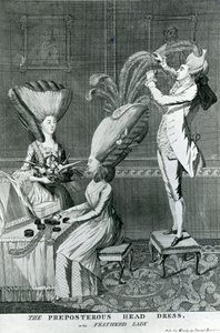 O vestido da cabeça de Preposterous, ou o Featherd Lady, 1776 de Matthew or Matthias Darly