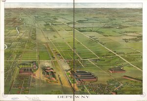Vista aérea. Orientada com o norte para a direita. LC Mapas Panorâmicos (2ª ed.), 555.1 Disponível também através do website da Biblioteca do Congresso como imagem raster. Cópia da LC anotada a tinta. Estampado: Elogia Depew Improvement Co.; S. Jay Ohart,  de Matthews Northrup Company