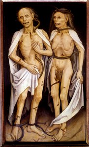 Amantes de trepadeiras um casal de idade com corpos em decomposição transpiercidos por cobras e cobertos de insetos lembram Adão e Eva (óleo sobre madeira)