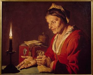 Avareza - Uma mulher velha olha para as suas moedas de ouro, que acaba de sair do seu esconderijo, à luz de uma vela - Pintura de Mathias Stomer (Matthias Stom) (1600-1650) Ec Flam