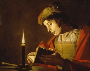 Un jeune homme lisant a la lumiere de la bougie - A Young Man Reading by Candlelight, de Matthias Stom (Stomer) (ca.1600-após 1650). Óleo sobre tela, c.1630. Dimensão : 58,5x73,5 cm. Nationalmuseum Estocolmo