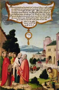 O Reino do Céu é como uma rede, que foi lançada ao mar e coletou peixes de todo tipo (Mateus 13) ilustração do ensinamento de Cristo, seção do painel da ala do Retábulo de Mompelgarter de Matthias Gerung or Gerou