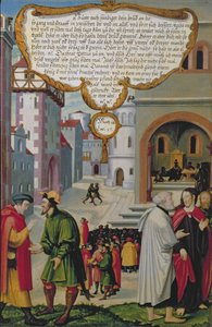 &39;O Reino dos Céus pode ser comparado a um rei que resolveu acertar contas com seus servos&39; (Mateus 18, Lucas 17), ilustração aos ensinamentos de Cristo, seção do painel da ala do Mompelgarter