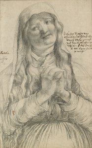 Um, mulher idosa, com, apertou mãos, c.1512, (black, chalk on paper) de Matthias Grünewald