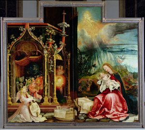 O Retábulo de Isenheim. Painel central: Concerto de Anjos e Natividade, 1506-1515 de Matthias Grünewald