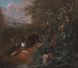 Natureza morta na floresta com uma lontra e dois peixes, c.1650-1700 (óleo sobre tela)