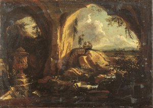 Interior de uma gruta com um vaso antigo e ruínas, três peregrinos na entrada