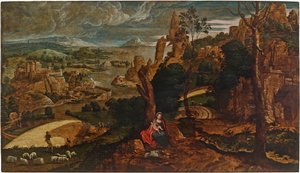 Paisagem com o descanso na fuga para o Egito, 1540-1545. de Matthijs Cock