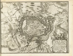 Beleg van Bergen, 1709 Mapa de Mons Ville Forte (...) Assediado pelas tropas de Alliez. sob o comando do Príncipe de Orange (...) (título no objeto)