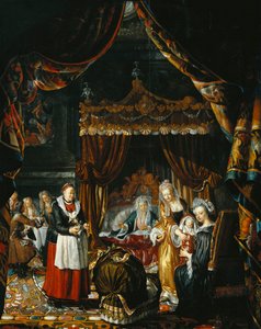 Um interior sumptuoso com uma família comemorando o nascimento de uma criança,
