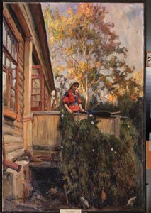 Na Varanda - Pintura de Matvei Markovich Zaytsev (1880-1940), óleo sobre tela de Matvei Markovich Zaytsev