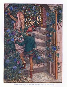 Ermentrude subiu as escadas e arrancou as rosas, ilustração deLady Anns Fairy Tales, 1914