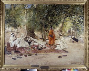 A refeição do Hospitalite. Cena da vida árabe no oásis de Chelma, perto de Biskra, Argélia. Pintura de Maurice Bompard (1857-1936) 1891 (óleo sobre tela)