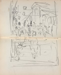Caderno de desenho italiano: Ponte com figuras, página 209 e 210, 1898-1899. de Maurice Brazil Prendergast