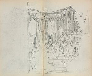 Caderno de desenho italiano: Ponte com figuras, páginas 95 e 96, 1898-1899. de Maurice Brazil Prendergast