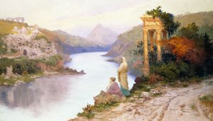 Figuras por um rio com ruínas clássicas