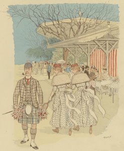 Um escocês em trajes tradicionais das Highlands entre o povo de Cannes, França (cor litho)