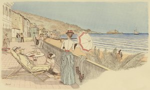 Um casal em lua-de-mel relaxando junto ao mar na ilha de Gallinara, Itália. (cor litho) de Maurice Charles Mathieu Bonvoisin