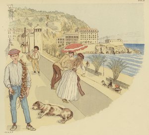Um vendedor de cebolas com os seus produtos e pessoas a desfrutar do terraço que leva à montanha do Rauba-Capeu, Nice (cor litho)